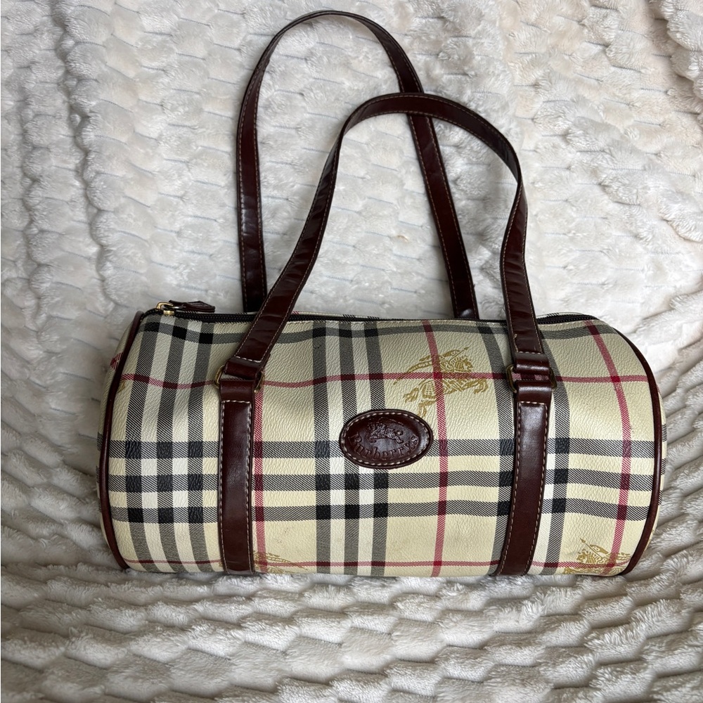 Vintage Burberrys Nova Check Barrel Bag Beige Tan Leather Equestrian Logo
